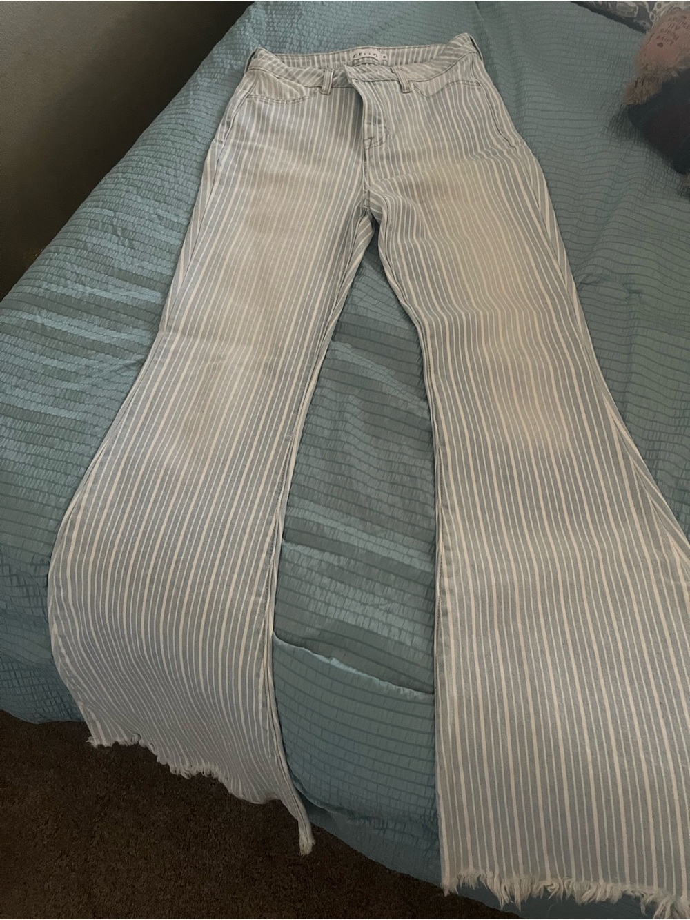 Cello Light Blue & White Striped Flare Jeans